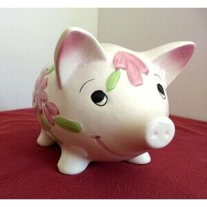 PIGGY BANK Hand Painted Smiling Pig Raised Pink Flowers Original‎ Stopper